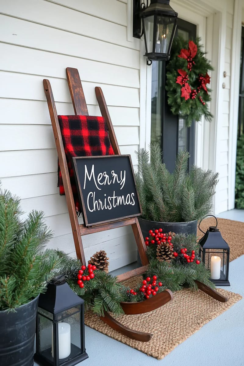 15 Cozy Modern Farmhouse Christmas Ideas For Front Porch 2025 11 vintage sled propped with buffalo check throw and wooden “merry christmas” sign 1