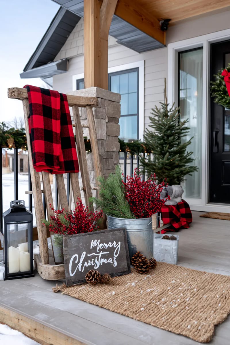 15 Cozy Modern Farmhouse Christmas Ideas For Front Porch 2025 12 vintage sled propped with buffalo check throw and wooden “merry christmas” sign 1