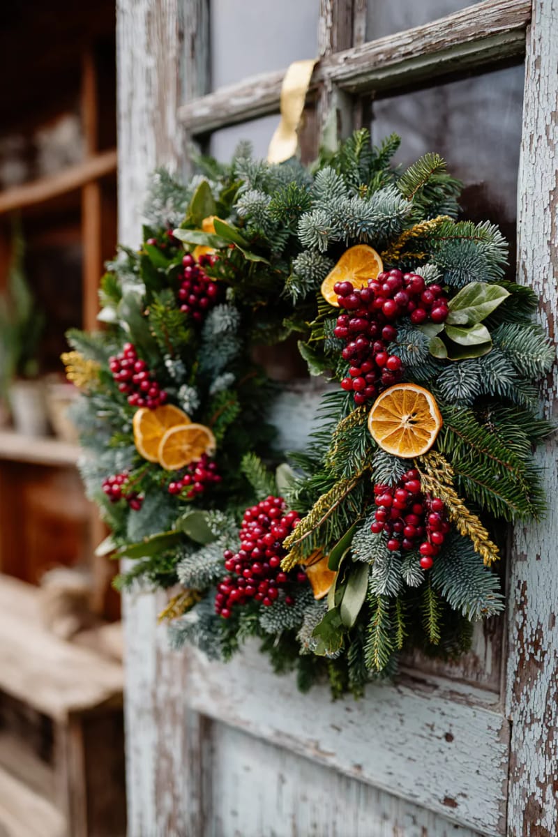 vintage-style wreath with dried orange slices, bay leaves, and cranberries 1