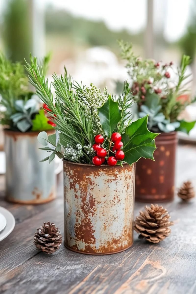 vintage tin cans filled with rosemary, eucalyptus, and fresh holly sprigs 1