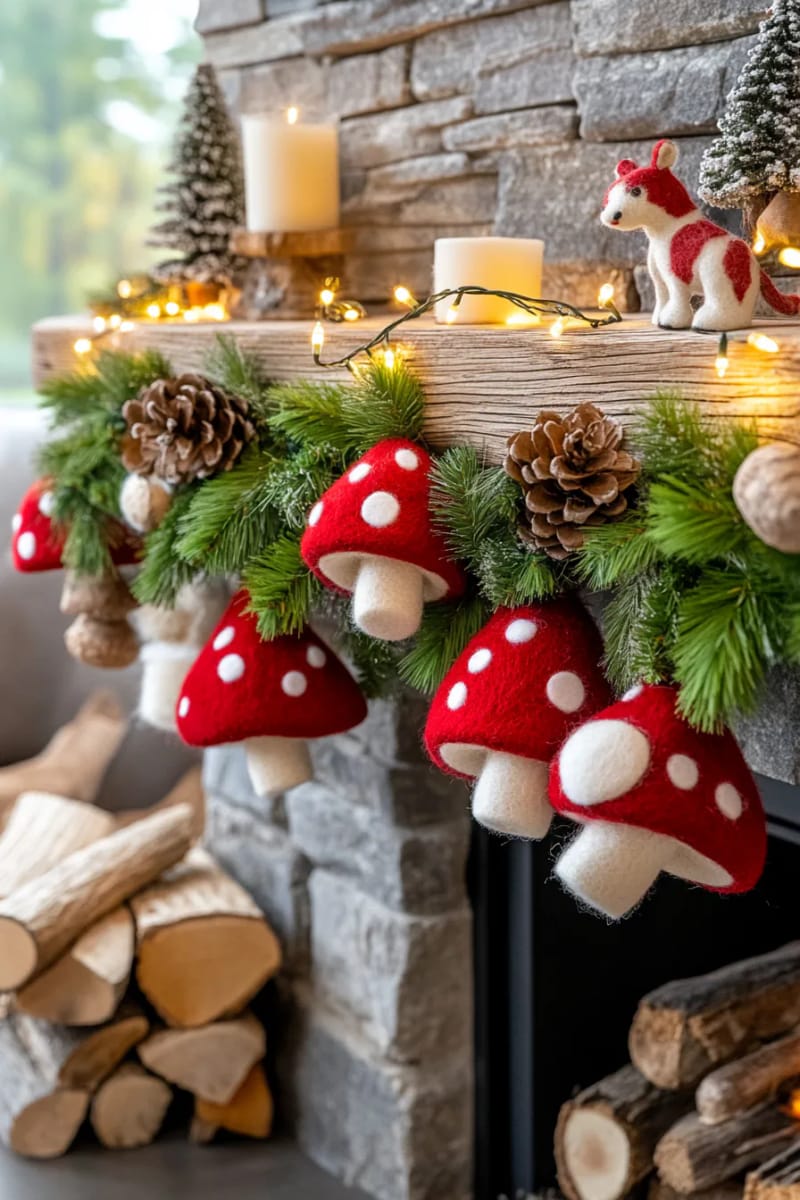whimsical garland with wool mushrooms and forest pinecones 1
