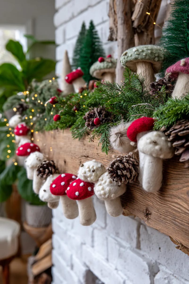 whimsical garland with wool mushrooms and forest pinecones 1