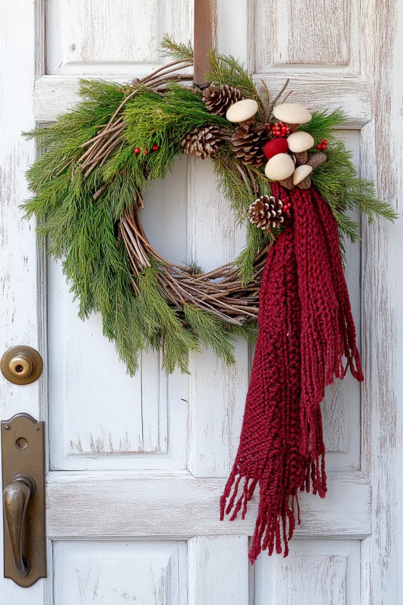 whimsical wreath of foraged greenery and handmade felt mushrooms for the entryway 1