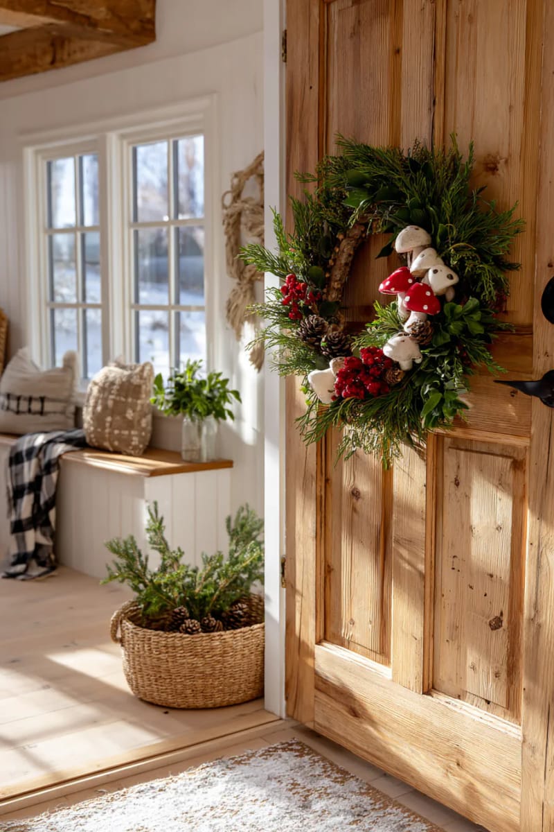whimsical wreath of foraged greenery and handmade felt mushrooms for the entryway 1