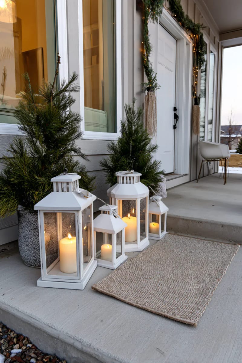 white lanterns with battery candles clustered by the front mat 1