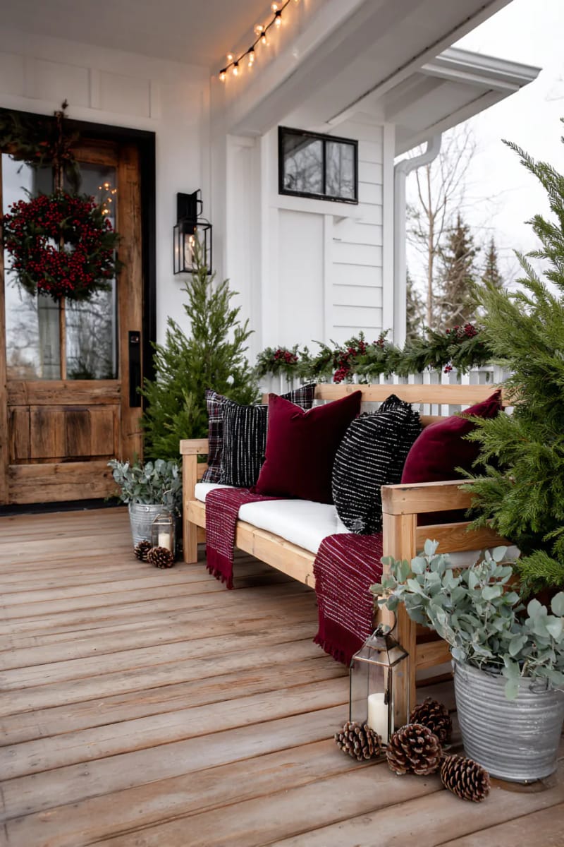 15 Cozy Modern Farmhouse Christmas Ideas For Front Porch 2025 28 whitewashed porch bench with velvet pillows and red ticking stripe throws 1