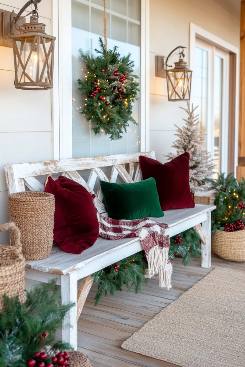 15 Cozy Modern Farmhouse Christmas Ideas For Front Porch 2025 29 whitewashed porch bench with velvet pillows and red ticking stripe throws 1