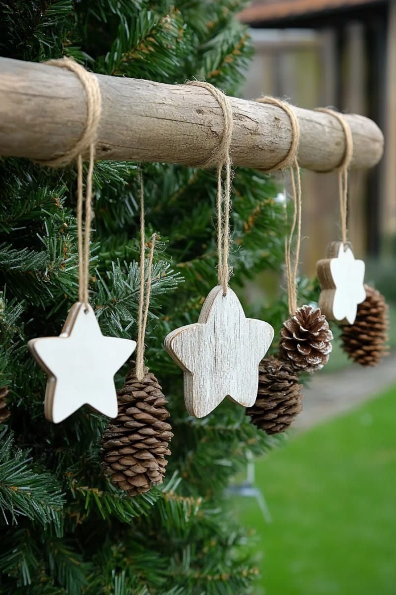 whitewashed wooden ornaments paired with real evergreen for neutral style 1
