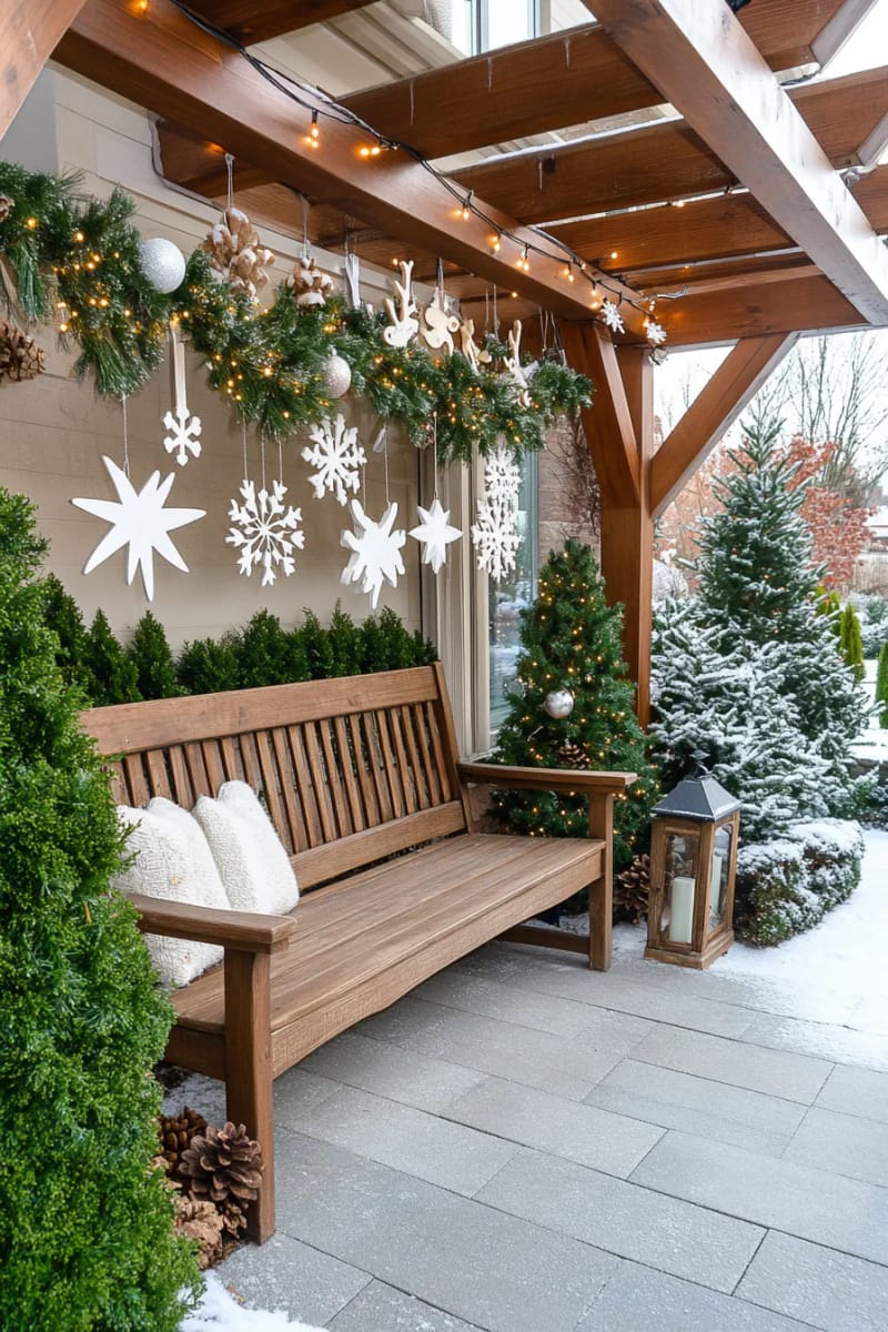 whitewashed wooden ornaments paired with real evergreen for neutral style 1