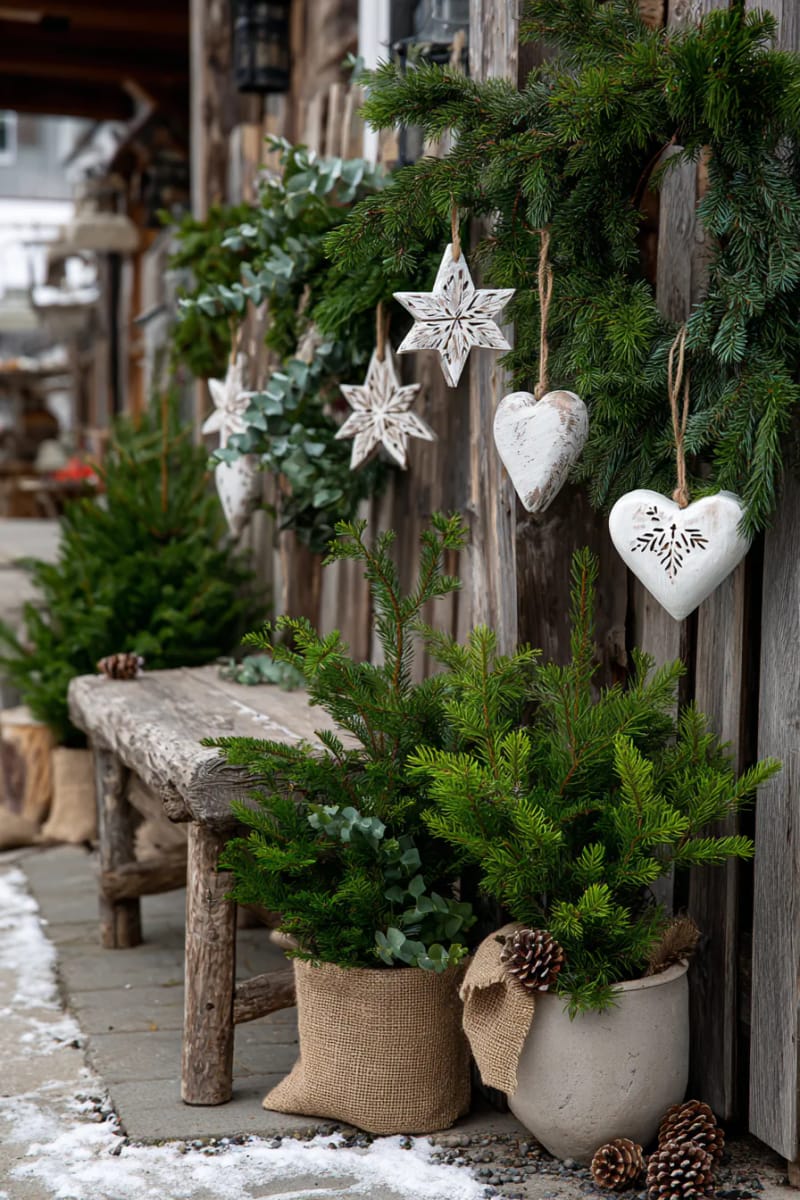 whitewashed wooden ornaments paired with real evergreen for neutral style 1