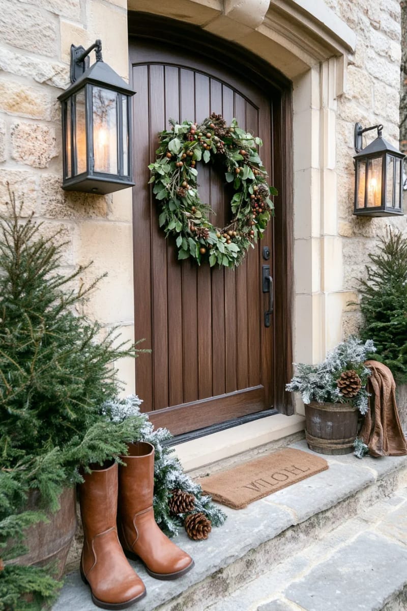wild winter wreath with trailing ivy, dark berries, and willow branches 1