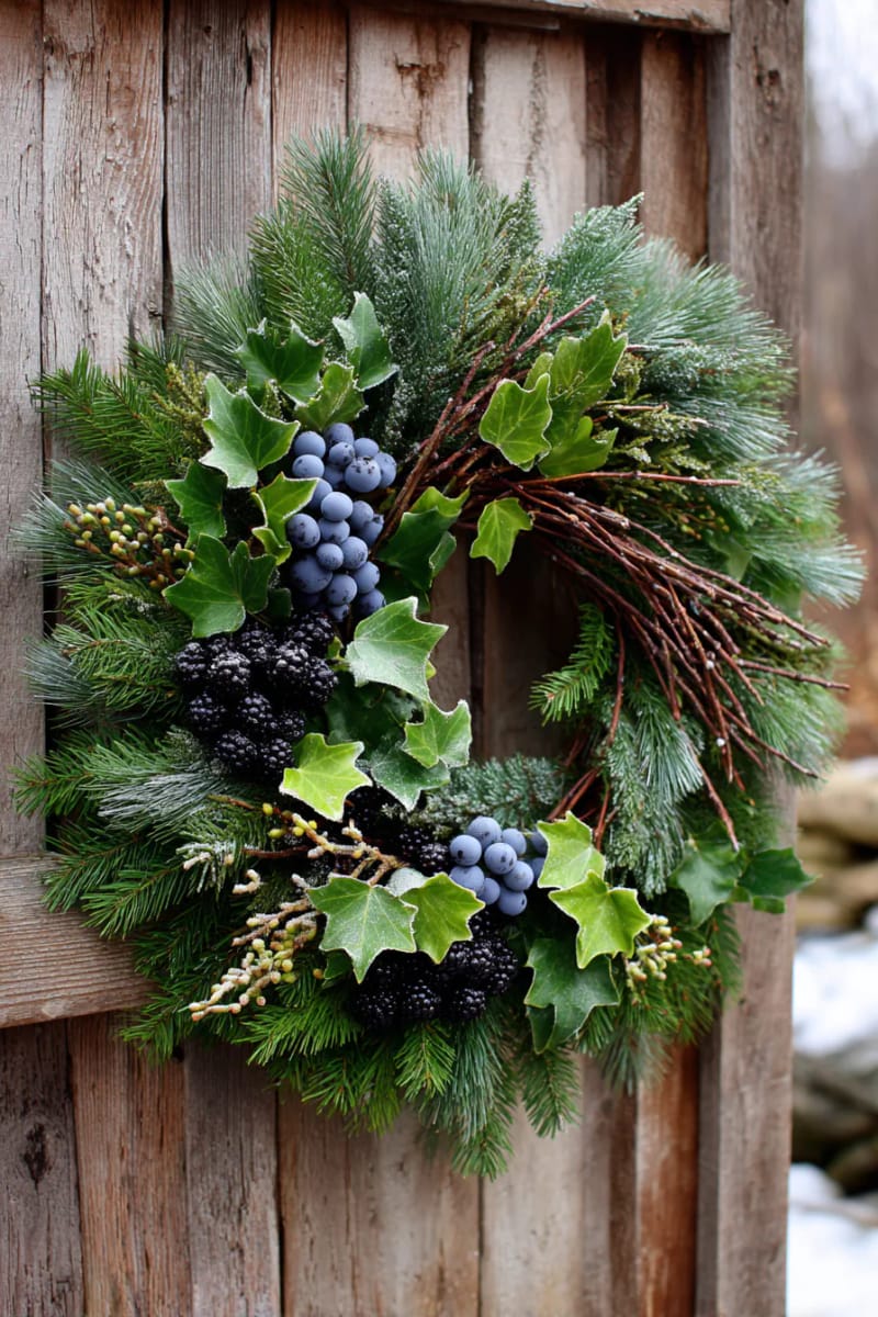 wild winter wreath with trailing ivy, dark berries, and willow branches 1
