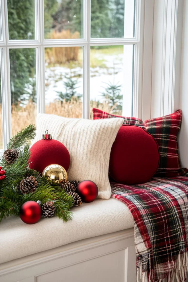 window seat dressed in tartan blankets, pine sprigs, and chunky knit cushions 1