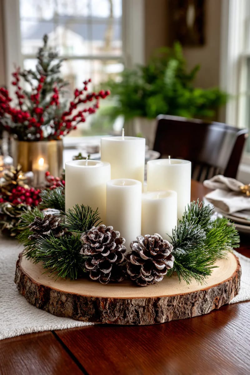 wood slice base with pillar candles, pinecones, and sprigs of evergreen 1