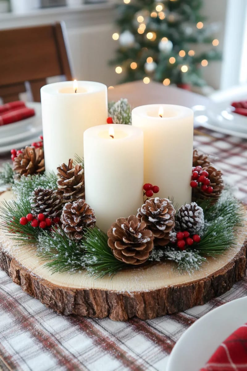 wood slice base with pillar candles, pinecones, and sprigs of evergreen 1