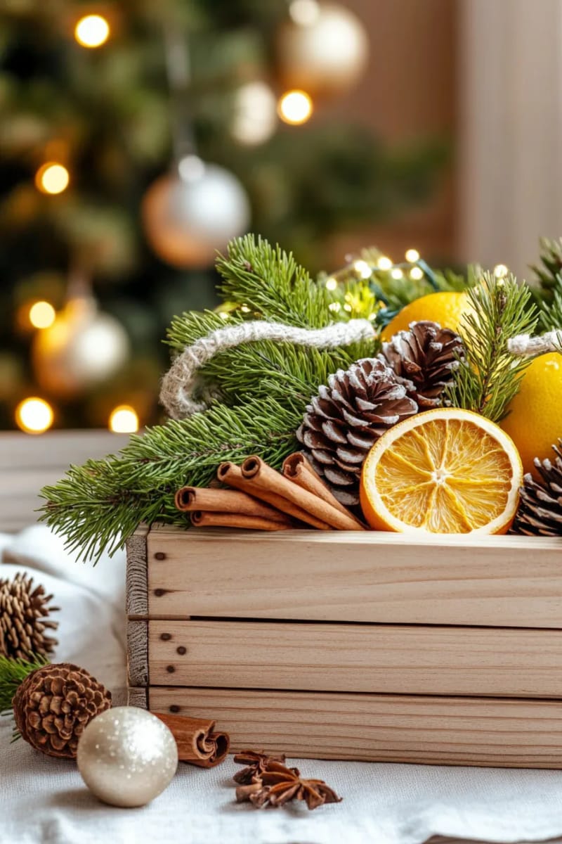 wooden crate overflowing with cedar, dried citrus slices, and cinnamon 1
