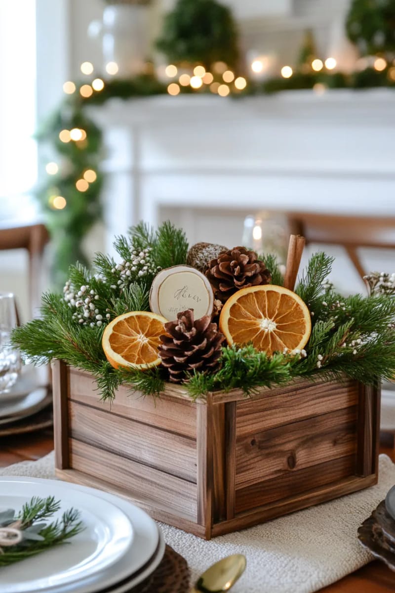 wooden crate overflowing with cedar, dried citrus slices, and cinnamon 1