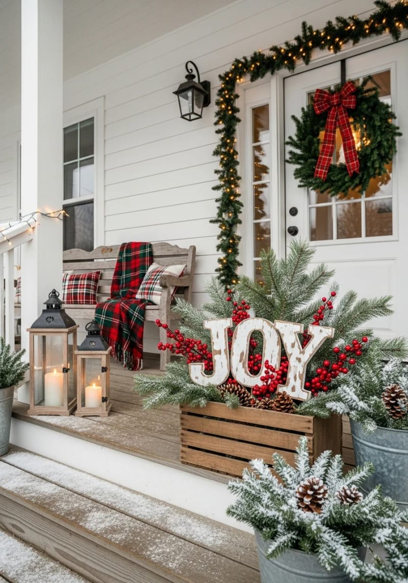 15 Simple Farmhouse Christmas Front Porch Decor Ideas 36 wooden “joy” cutout sign nestled in a crate of snowy pine branches 1