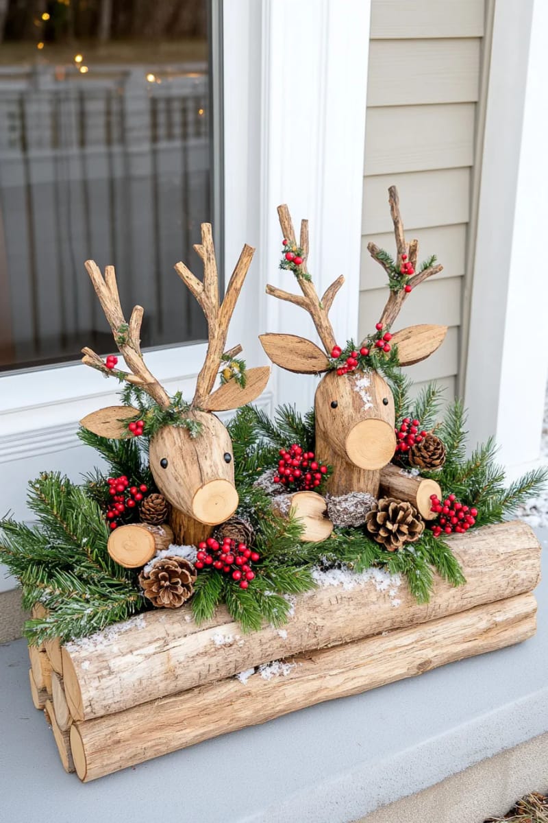wooden log reindeer family with berry garland accents for the front yard 1