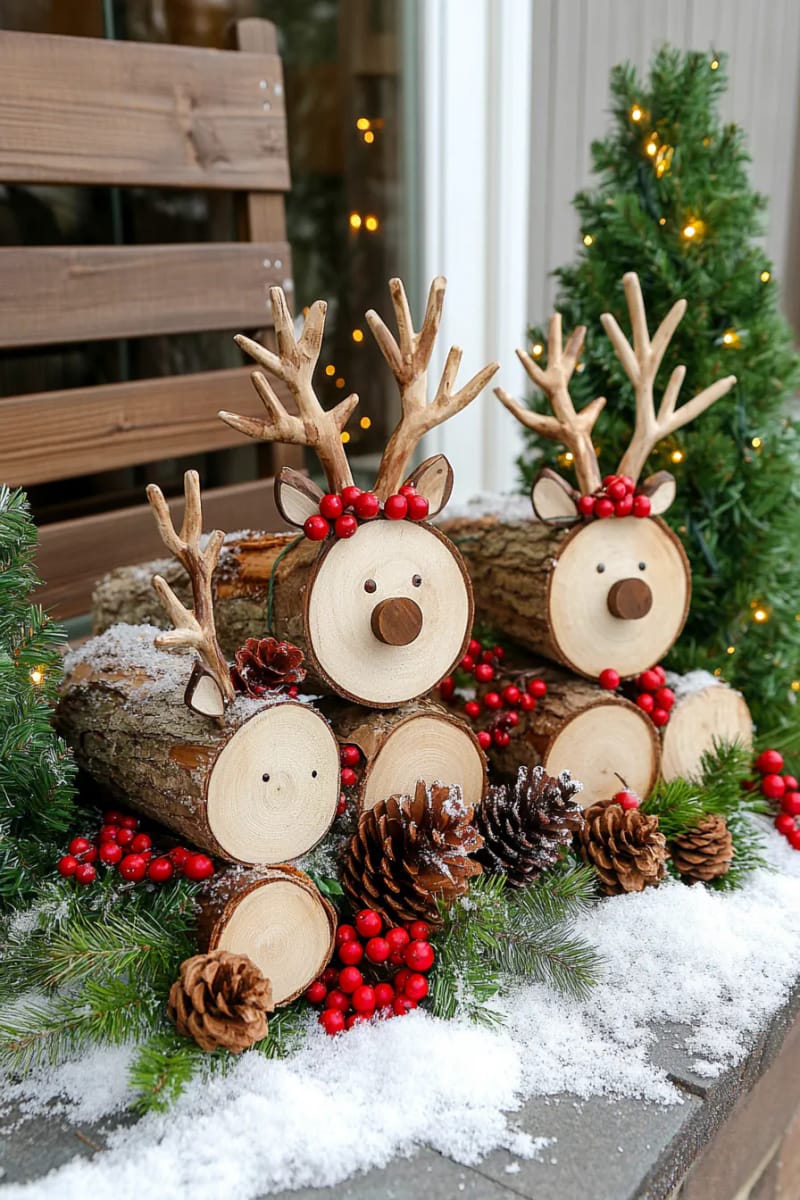 wooden log reindeer family with berry garland accents for the front yard 1