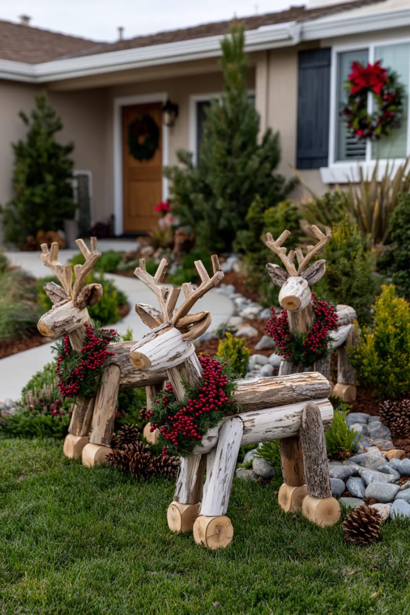 wooden log reindeer family with berry garland accents for the front yard 1