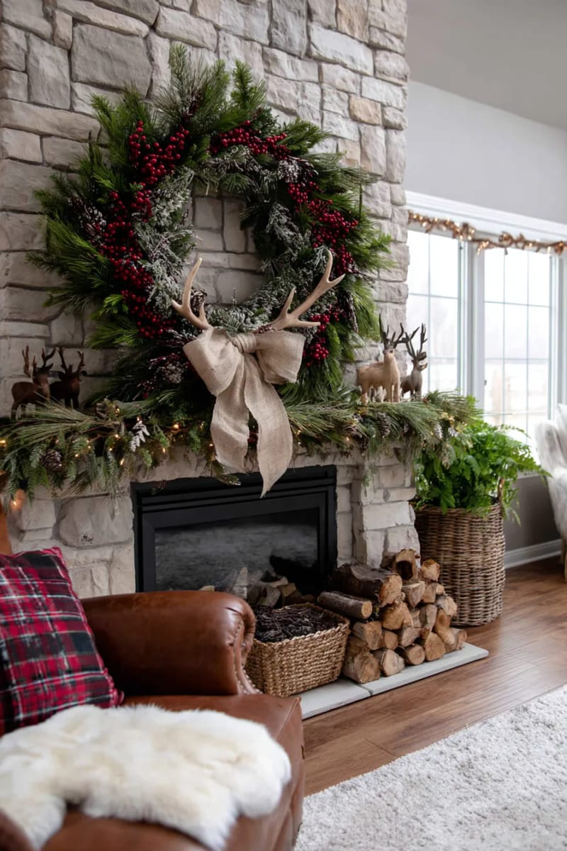 woodland-themed wreath with antler accents and rustic burlap bow 1