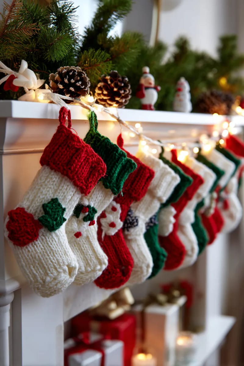 wool garland featuring tiny christmas stockings to hide little surprises 1