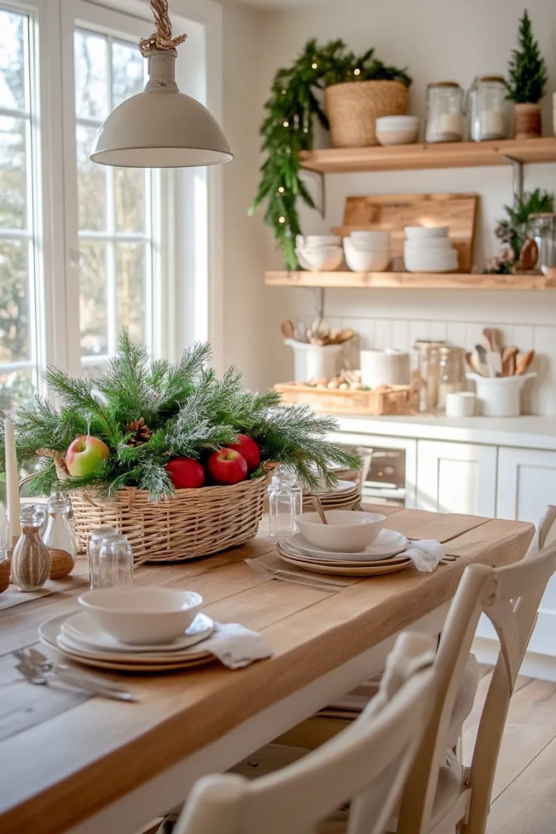 woven basket centerpiece with fir branches, apples, and unshelled nuts 1
