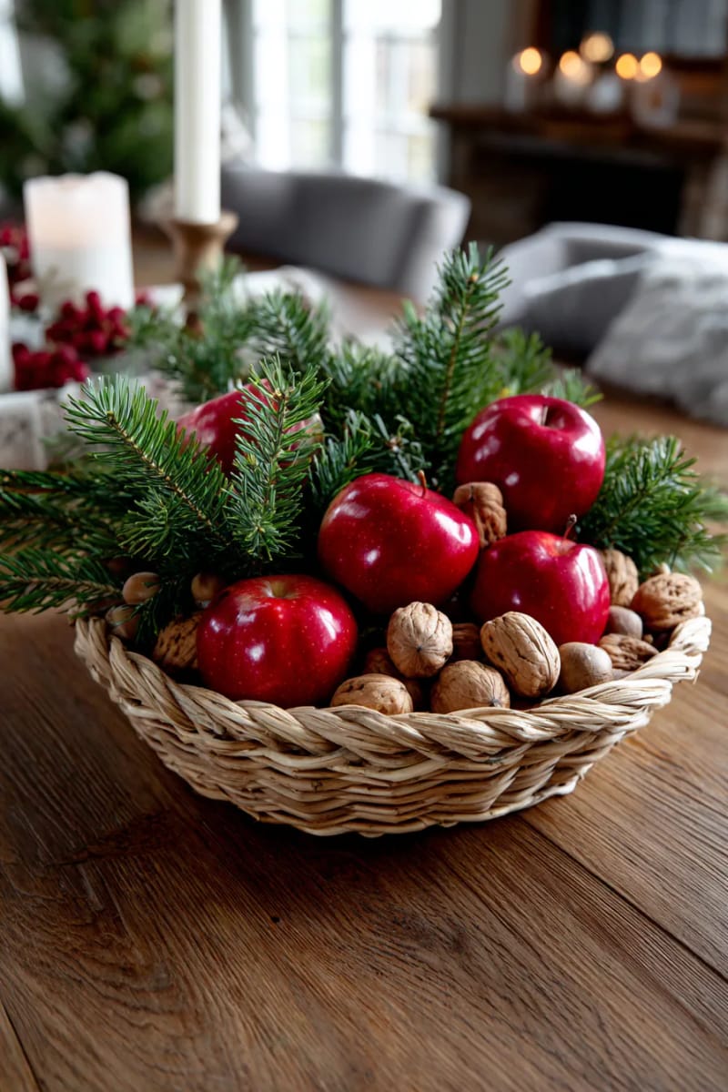 woven basket centerpiece with fir branches, apples, and unshelled nuts 1