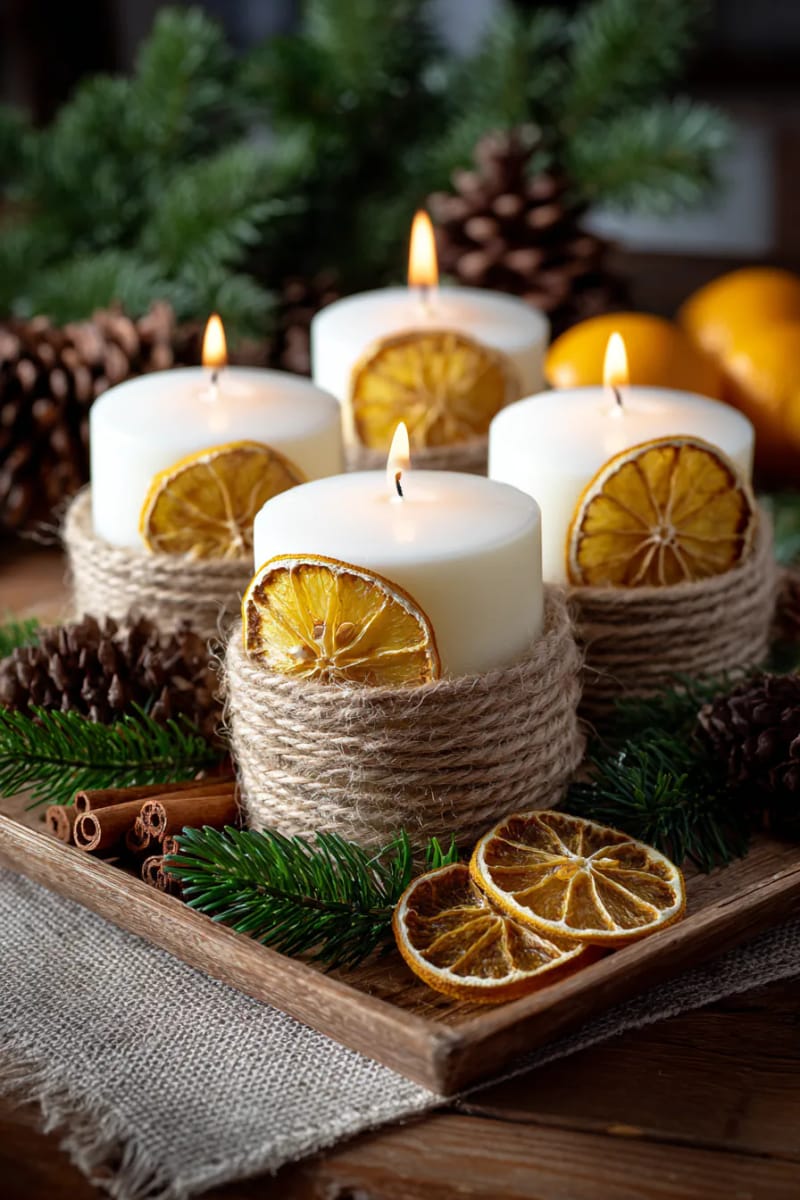 wrap candles with raffia and orange slices for a cozy centerpiece 1