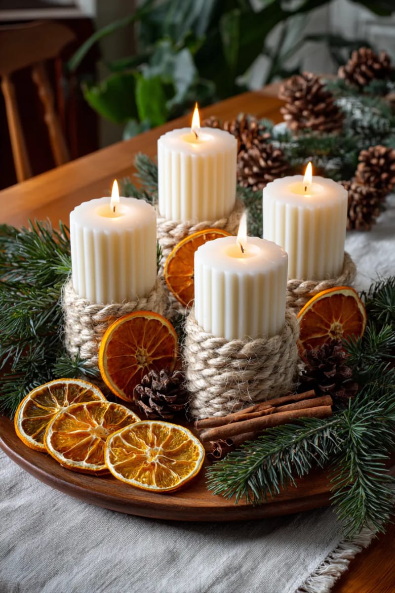 wrap candles with raffia and orange slices for a cozy centerpiece 1