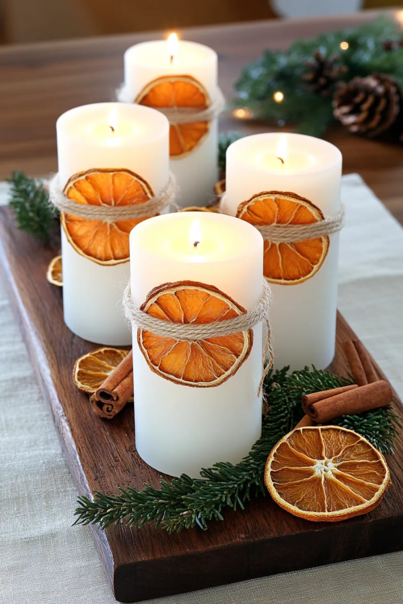 wrap candles with raffia and orange slices for a cozy centerpiece 1