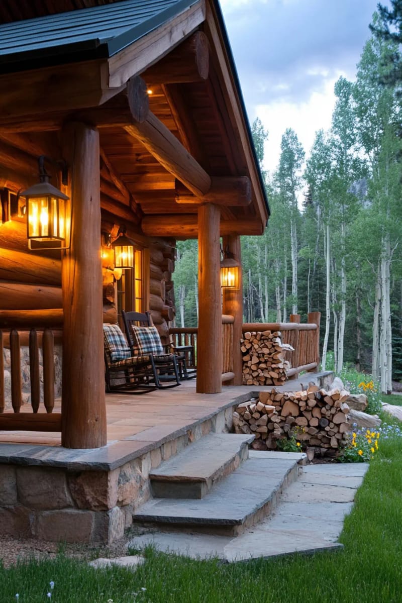 15 Fabulous Log Cabin Home Exterior Ideas You'll Love! 9 wraparound porch with chunky timber posts and hanging lanterns for cozy evenings 1