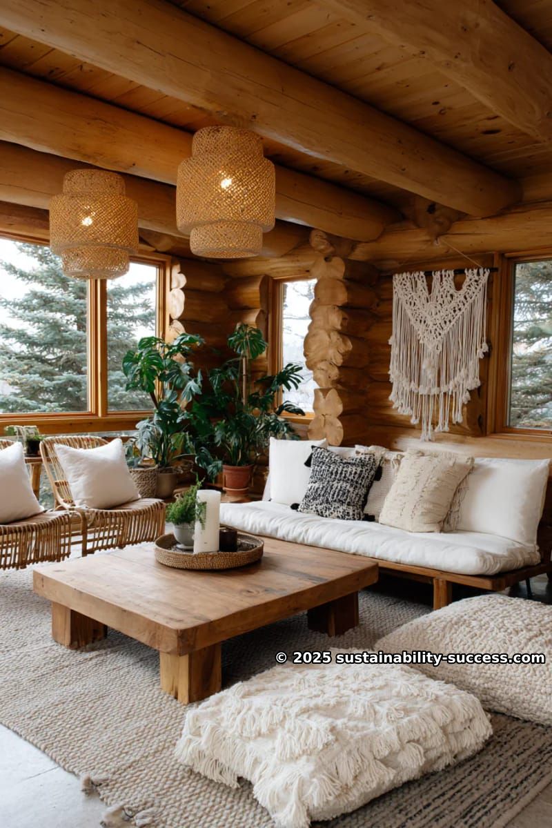 15 Exquisite Log Cabin Interiors to Inspire Your Next Escape 21 boho-inspired log cabin interior with rattan accents and macramé wall art 1