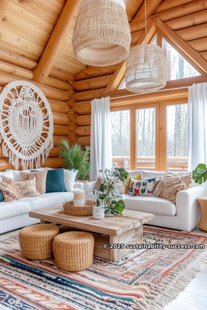 15 Exquisite Log Cabin Interiors to Inspire Your Next Escape 22 boho-inspired log cabin interior with rattan accents and macramé wall art 1