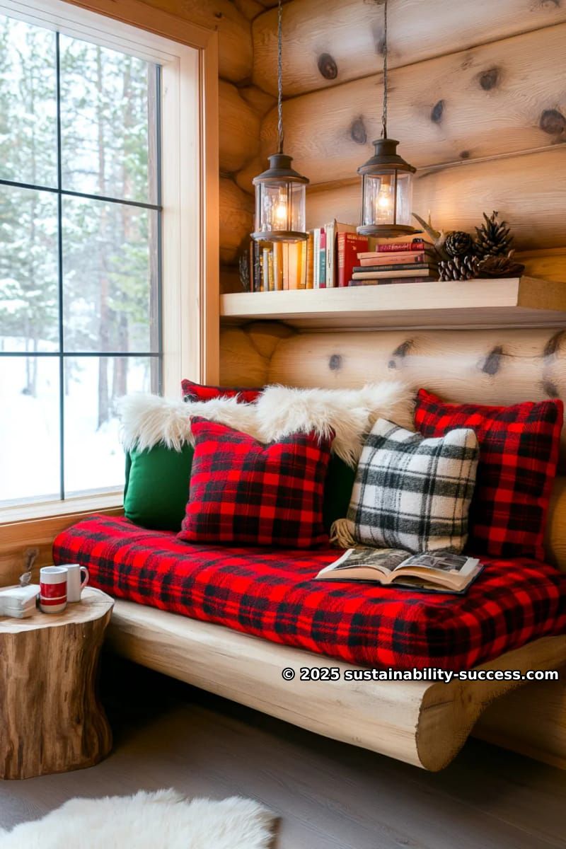 15 Exquisite Log Cabin Interiors to Inspire Your Next Escape 8 built-in window reading nook with plaid cushions and vintage lantern lighting 1