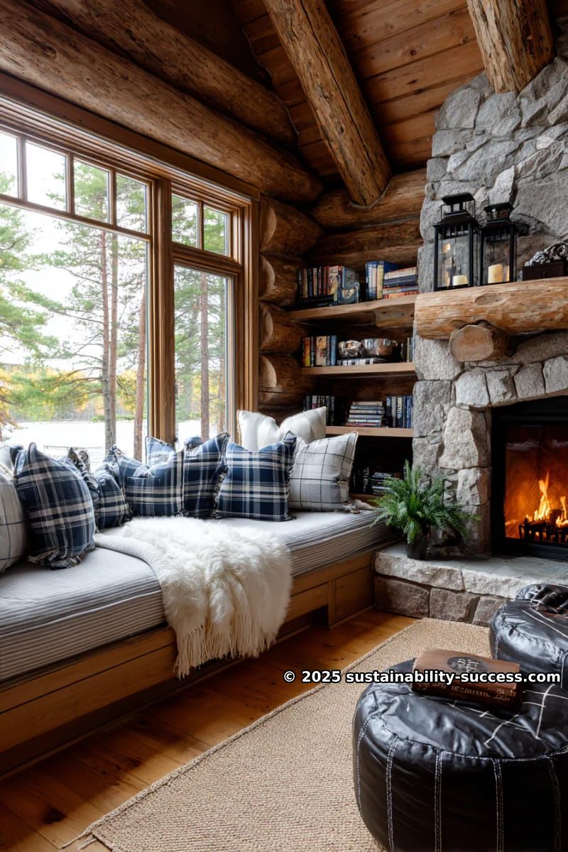 15 Exquisite Log Cabin Interiors to Inspire Your Next Escape 9 built-in window reading nook with plaid cushions and vintage lantern lighting 1
