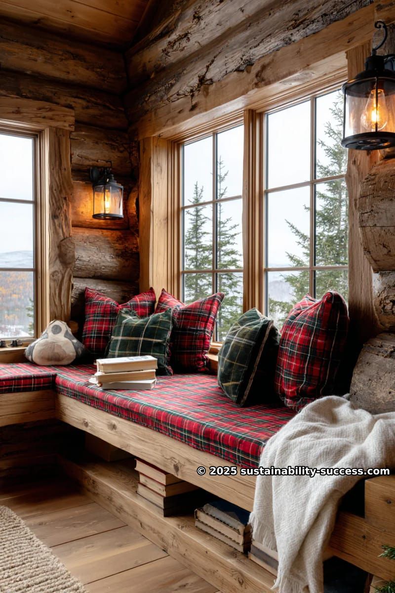 15 Exquisite Log Cabin Interiors to Inspire Your Next Escape 10 built-in window reading nook with plaid cushions and vintage lantern lighting 1