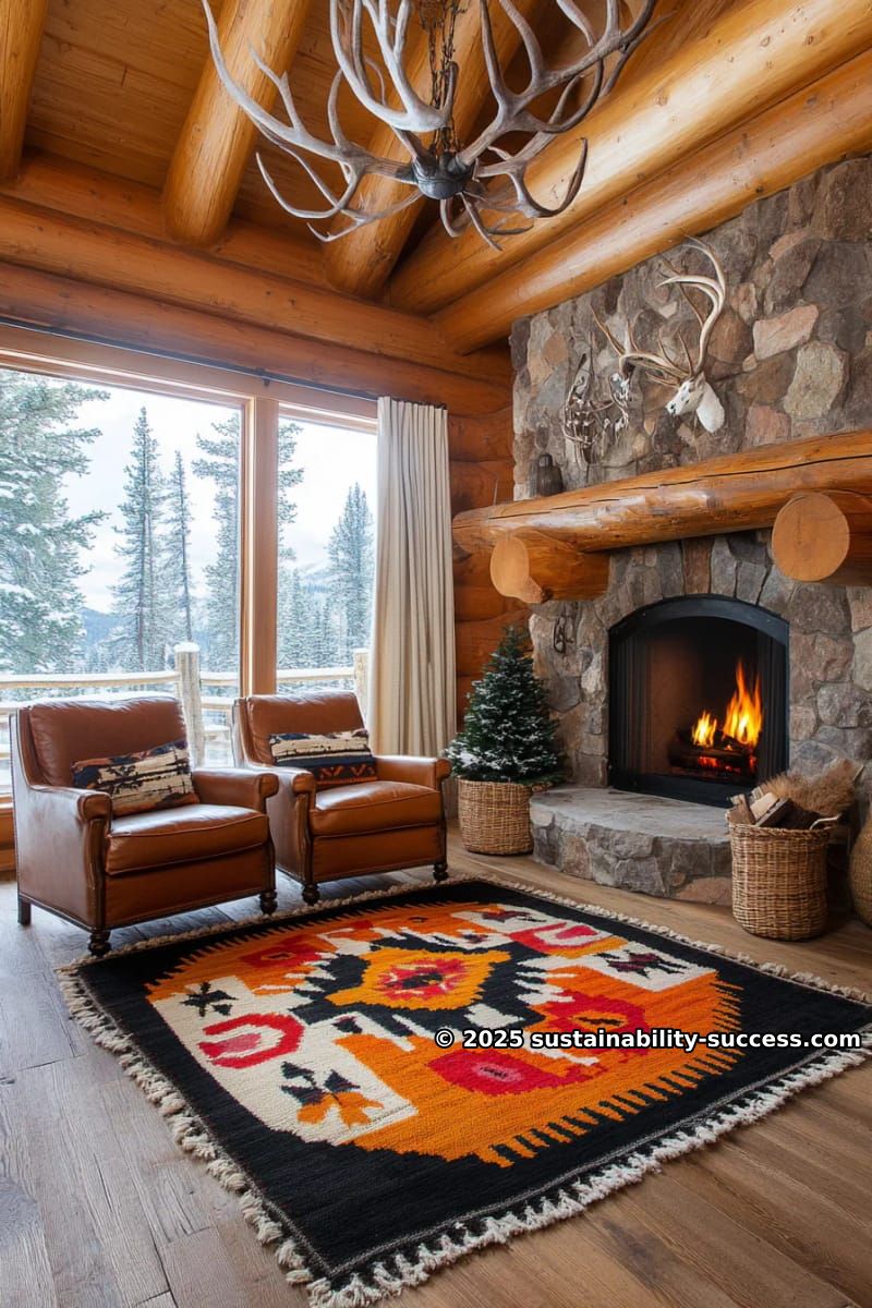 15 Exquisite Log Cabin Interiors to Inspire Your Next Escape 29 cozy cabin living room with leather armchairs and navajo patterned rug 1
