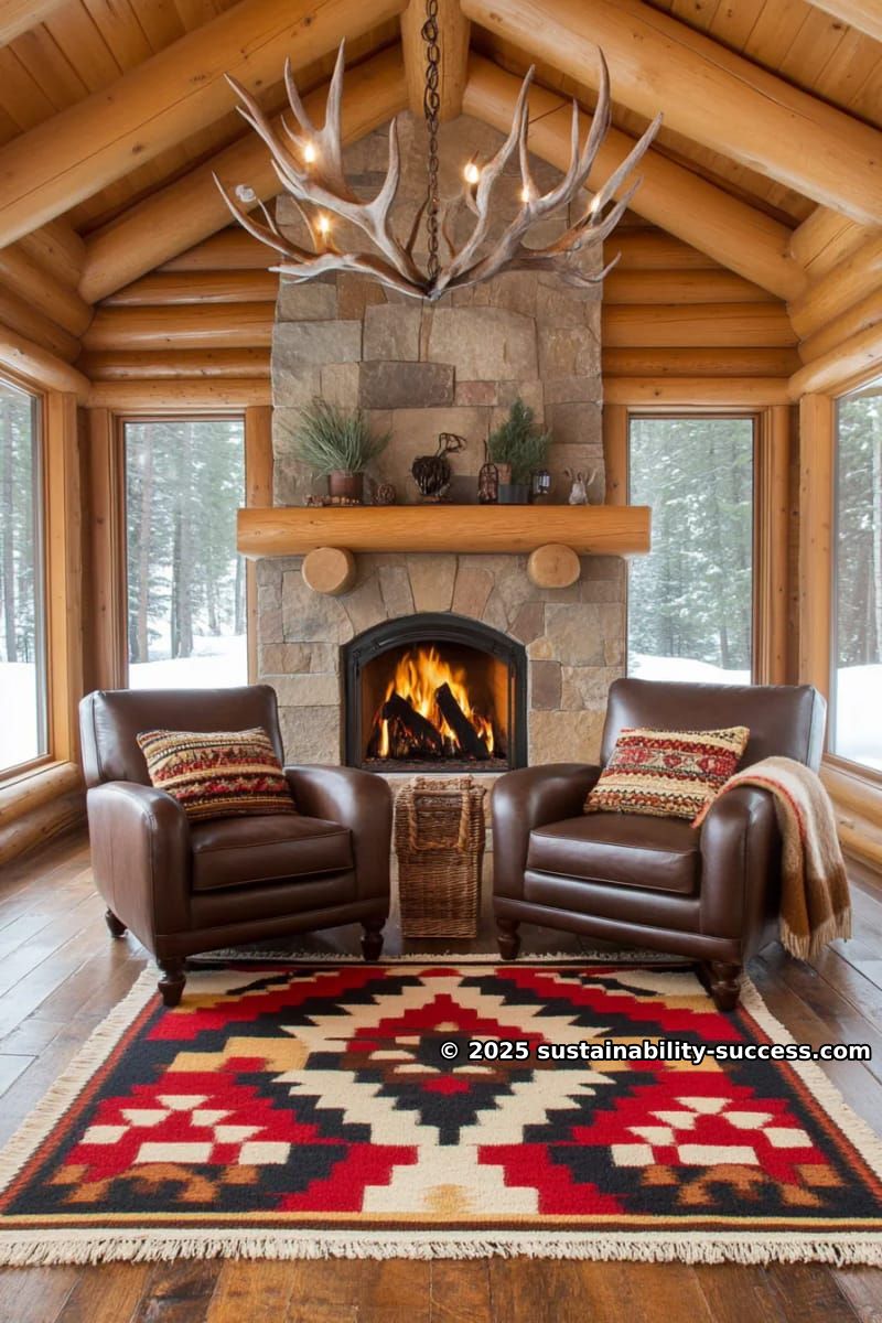 15 Exquisite Log Cabin Interiors to Inspire Your Next Escape 30 cozy cabin living room with leather armchairs and navajo patterned rug 1