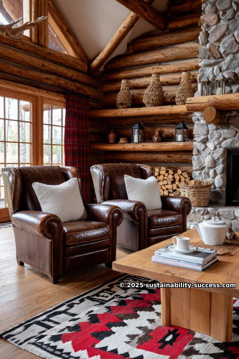 15 Exquisite Log Cabin Interiors to Inspire Your Next Escape 31 cozy cabin living room with leather armchairs and navajo patterned rug 1