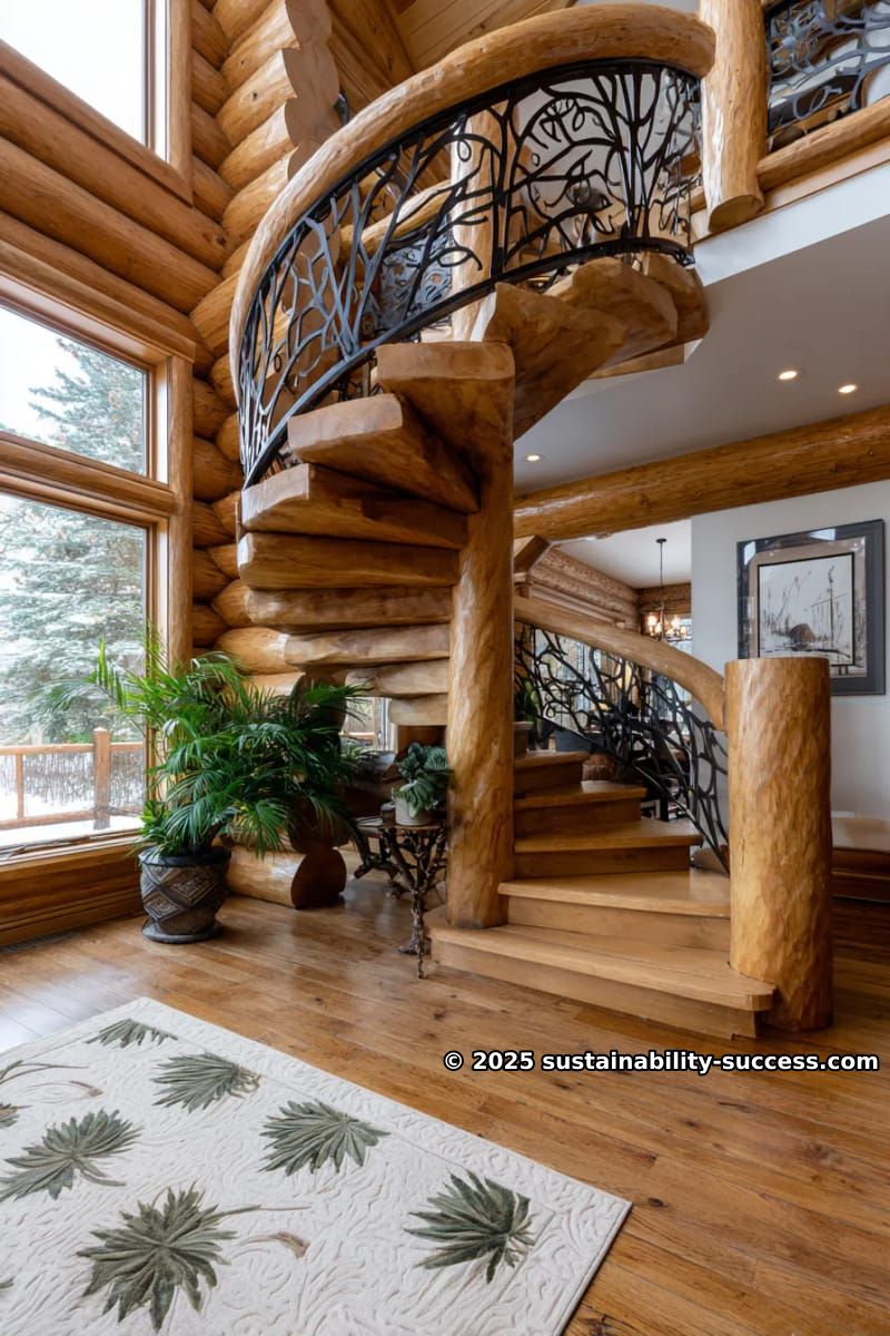 15 Exquisite Log Cabin Interiors to Inspire Your Next Escape 26 custom log spiral staircase with iron railings and forest-inspired decor 1