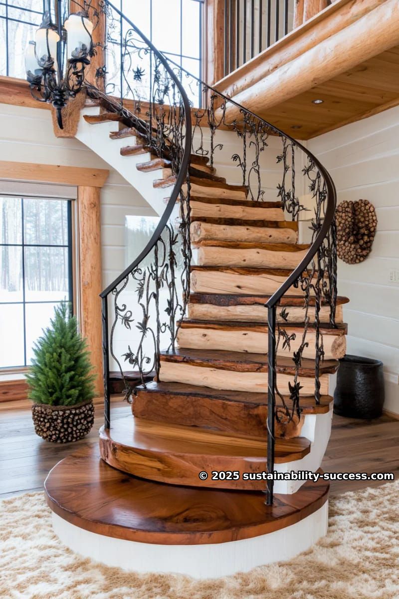 15 Exquisite Log Cabin Interiors to Inspire Your Next Escape 28 custom log spiral staircase with iron railings and forest-inspired decor 1