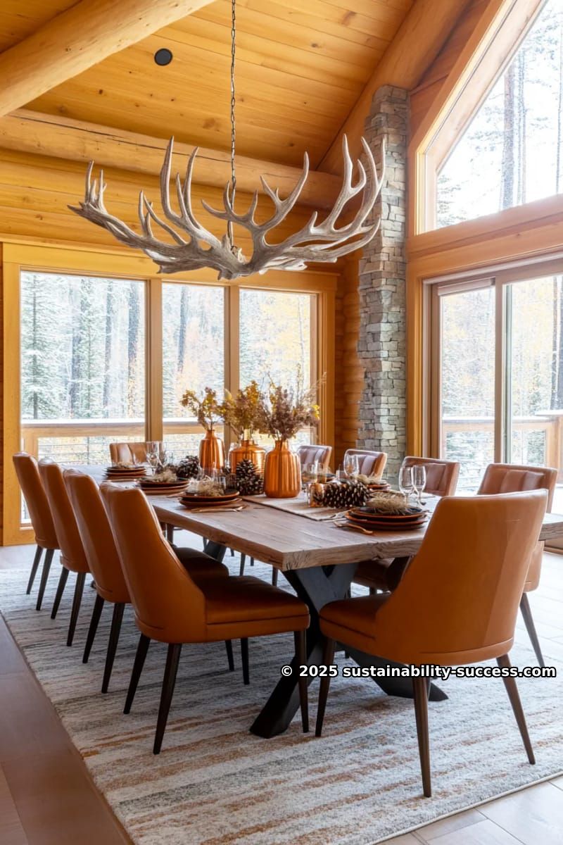 15 Exquisite Log Cabin Interiors to Inspire Your Next Escape 3 dramatic antler chandelier above rustic dining table with cozy cabin rugs 1