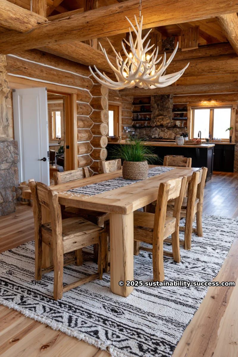 15 Exquisite Log Cabin Interiors to Inspire Your Next Escape 4 dramatic antler chandelier above rustic dining table with cozy cabin rugs 1