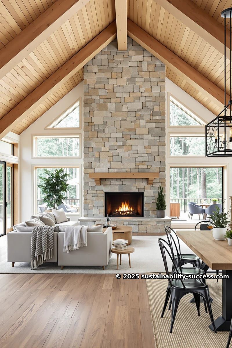 15 Exquisite Log Cabin Interiors to Inspire Your Next Escape 44 indoor-outdoor stone fireplace dividing living and dining zones in modern cabin 1