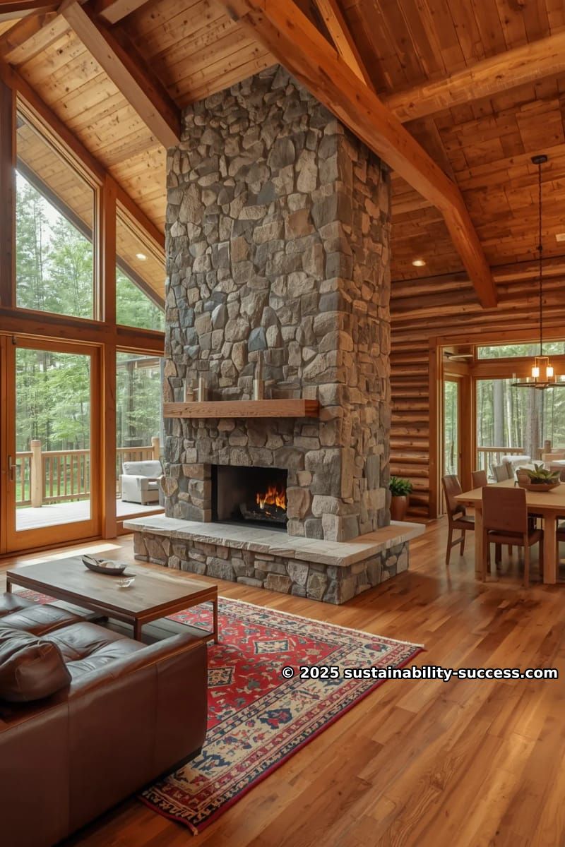 15 Exquisite Log Cabin Interiors to Inspire Your Next Escape 45 indoor-outdoor stone fireplace dividing living and dining zones in modern cabin 1