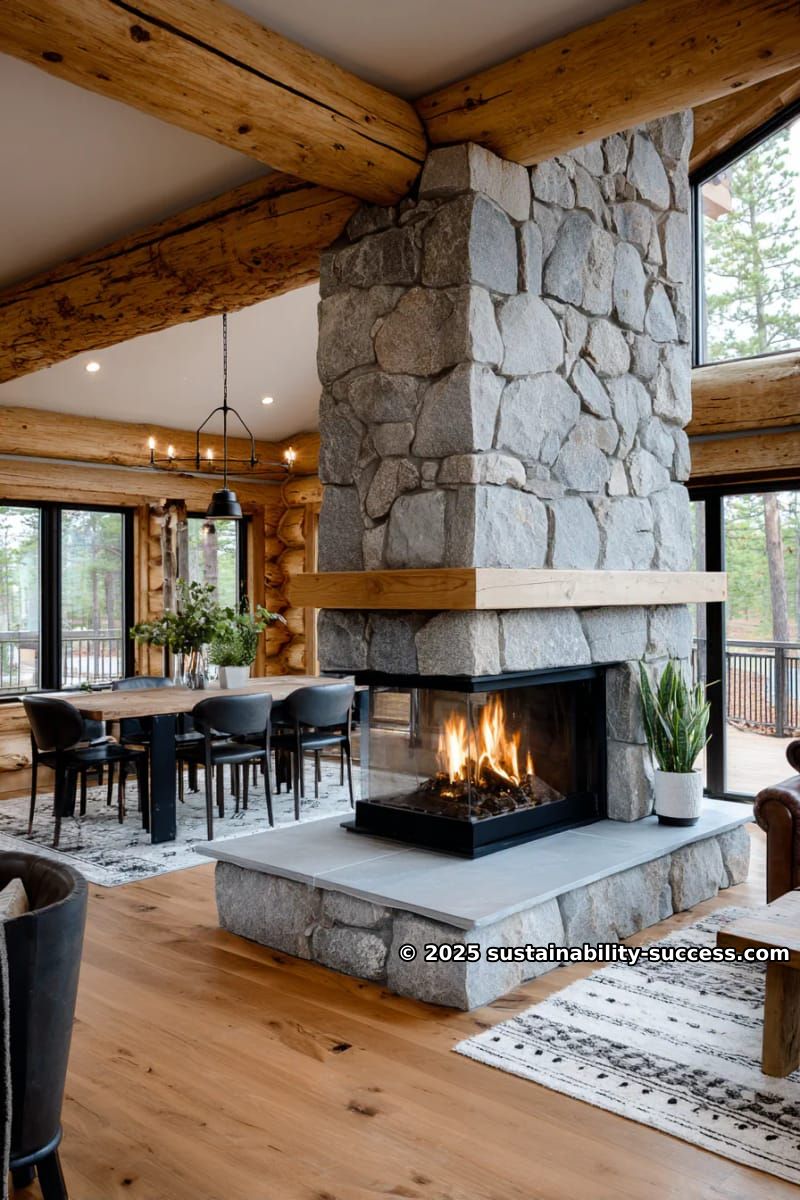 15 Exquisite Log Cabin Interiors to Inspire Your Next Escape 46 indoor-outdoor stone fireplace dividing living and dining zones in modern cabin 1