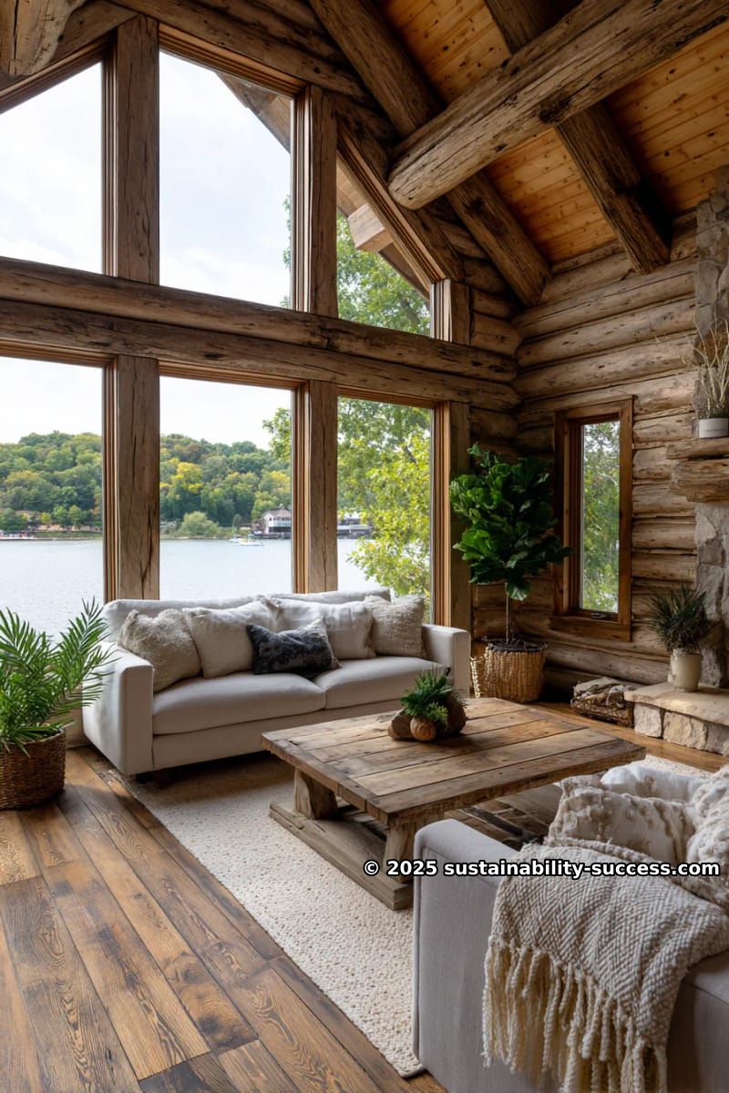15 Exquisite Log Cabin Interiors to Inspire Your Next Escape 24 lake house view framed by floor-to-ceiling windows and natural wood finishes 1