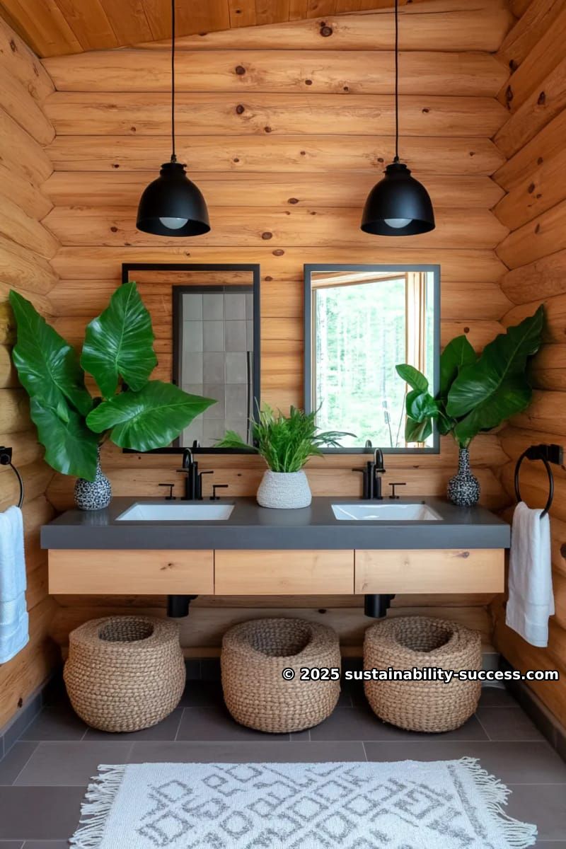15 Exquisite Log Cabin Interiors to Inspire Your Next Escape 32 minimalist cabin bathroom with floating wood vanity and industrial lighting 1